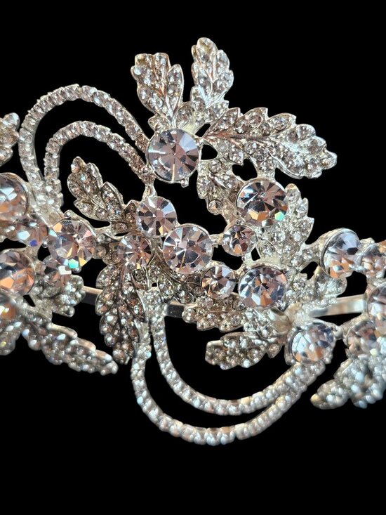 Large Silver Rhinestone/Crystal Asymetrical Filigree Bridal Headband main image 7